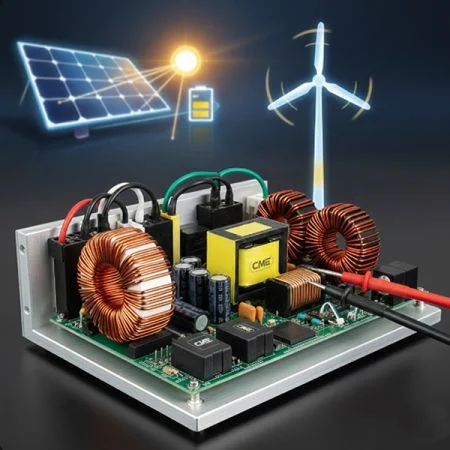 Renewable Energy – Solar Inverters & ESS - Solar inverter and energy storage system using high-current inductors, EMI chokes, and power transformers for renewable energy conversion